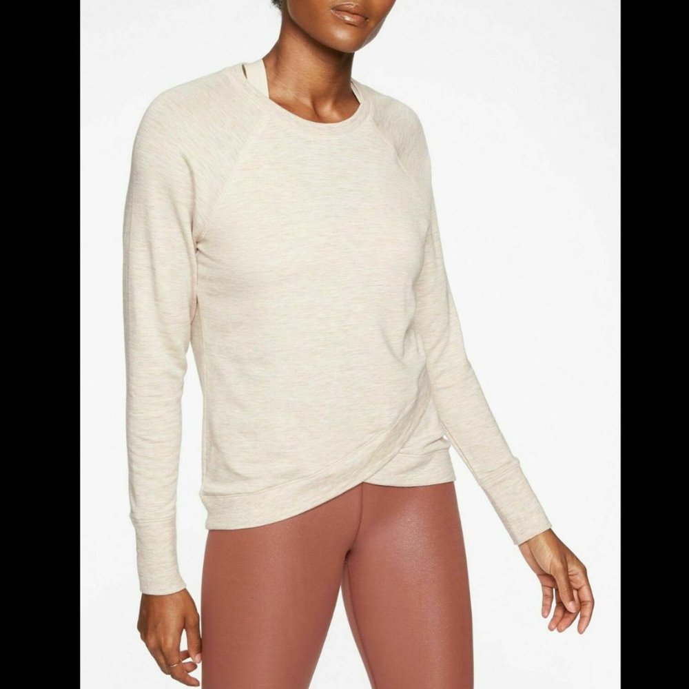 ATHLETA BEYOND SOFT HEATHER BEIGE LONG SLEEVE CRISS CROSS SWEATSHIRT